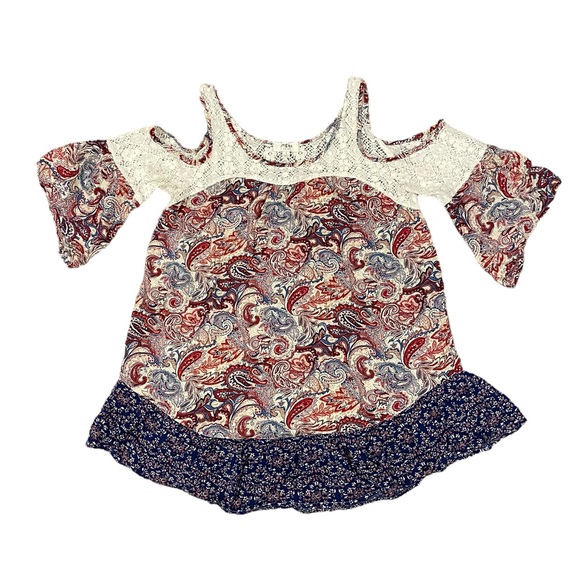 Umgee Womens Tunic Top Size S Floral Boho Mixed Media Ruffle Short Sleeve Crew - Picture 2 of 5